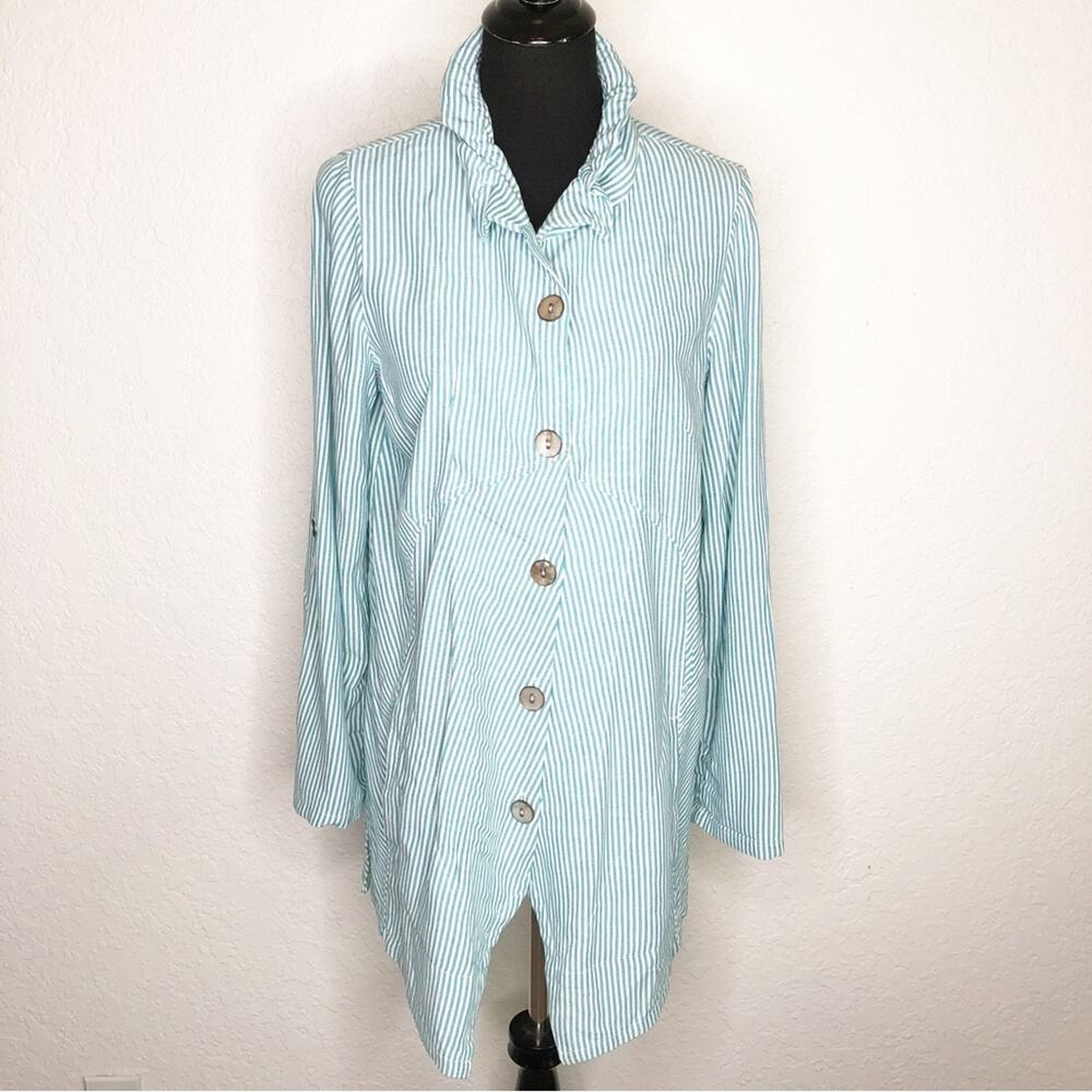 Soft Surroundings blue green white striped‎ asymmetrical button tunic size Small